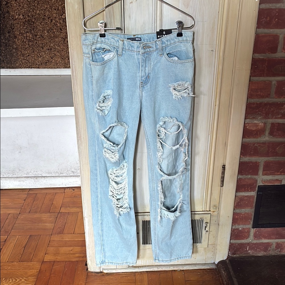 Fashion Nova Blue Boyfriend Jeans with Distressed Details